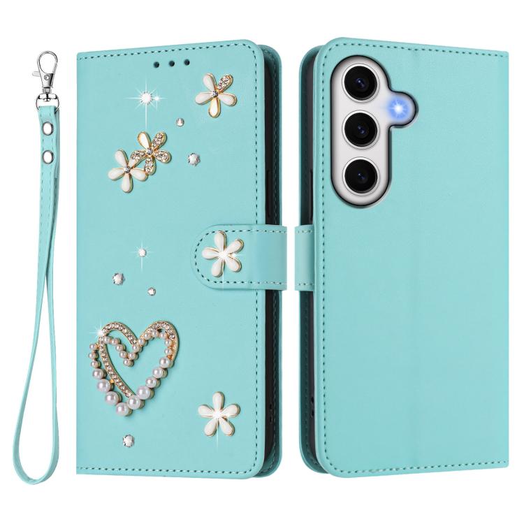 For Samsung Galaxy S24 FE 5G ZS01 Double-Layer Heart Floral Vegan Leather Phone Case with Wrist Strap