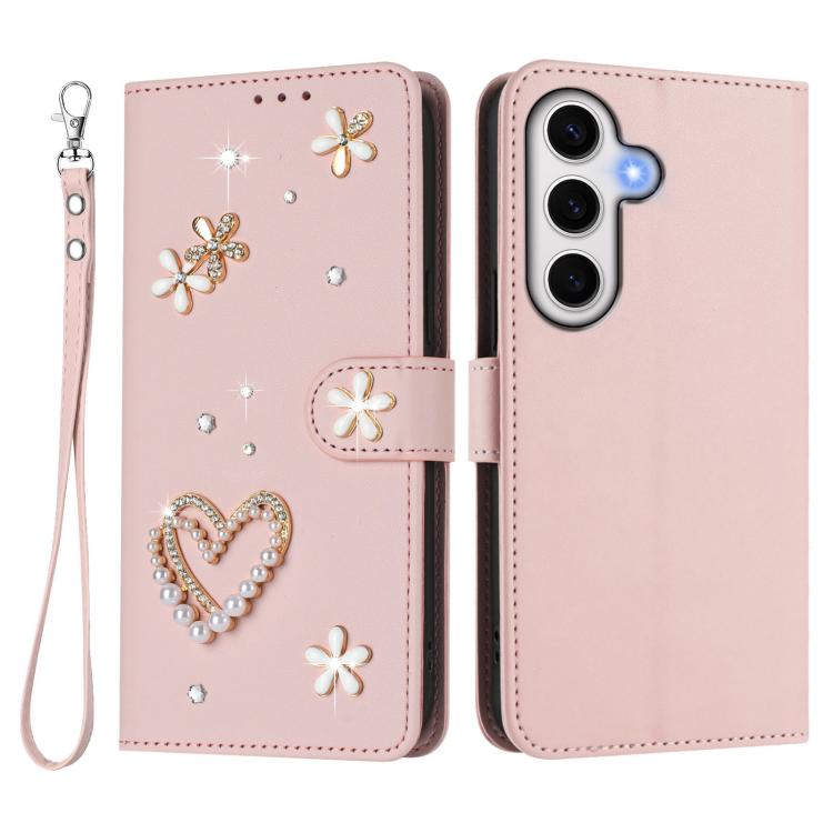 For Samsung Galaxy S24 FE 5G ZS01 Double-Layer Heart Floral Vegan Leather Phone Case with Wrist Strap