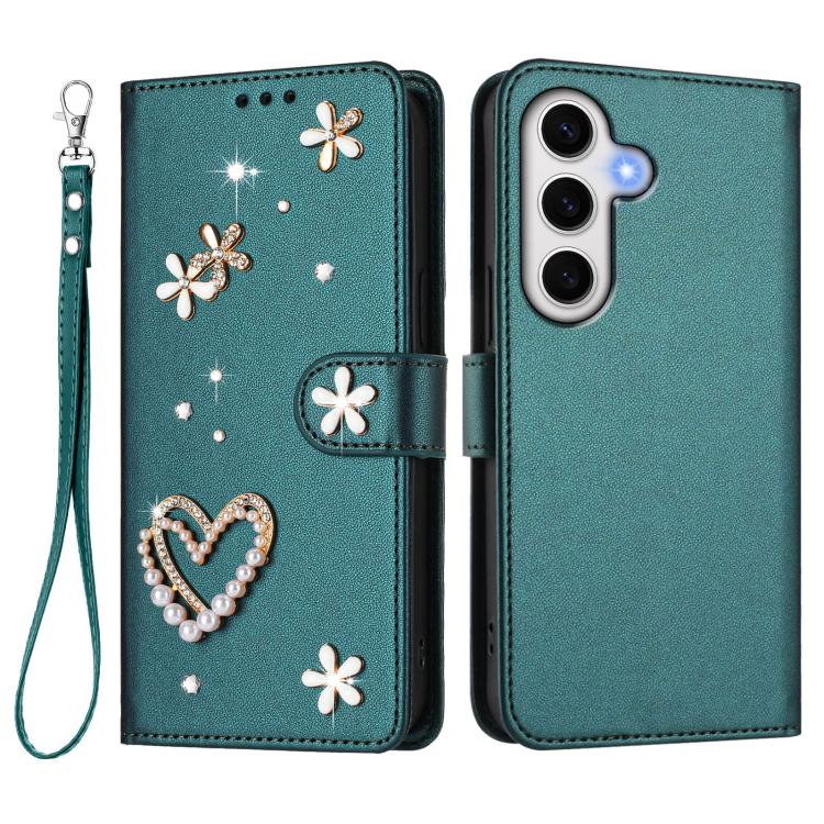For Samsung Galaxy S24 FE 5G ZS01 Double-Layer Heart Floral Vegan Leather Phone Case with Wrist Strap