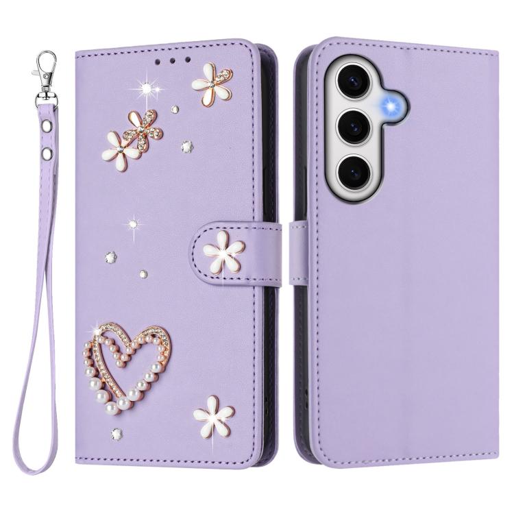For Samsung Galaxy S24 FE 5G ZS01 Double-Layer Heart Floral Vegan Leather Phone Case with Wrist Strap