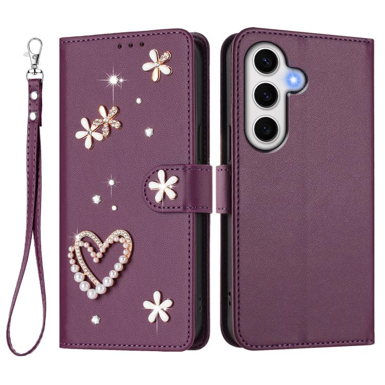 For Samsung Galaxy S24 FE 5G ZS01 Double-Layer Heart Floral Vegan Leather Phone Case with Wrist Strap