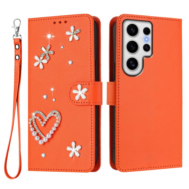 For Samsung Galaxy S24 Ultra 5G ZS01 Double-Layer Heart Floral Vegan Leather Phone Case with Wrist Strap