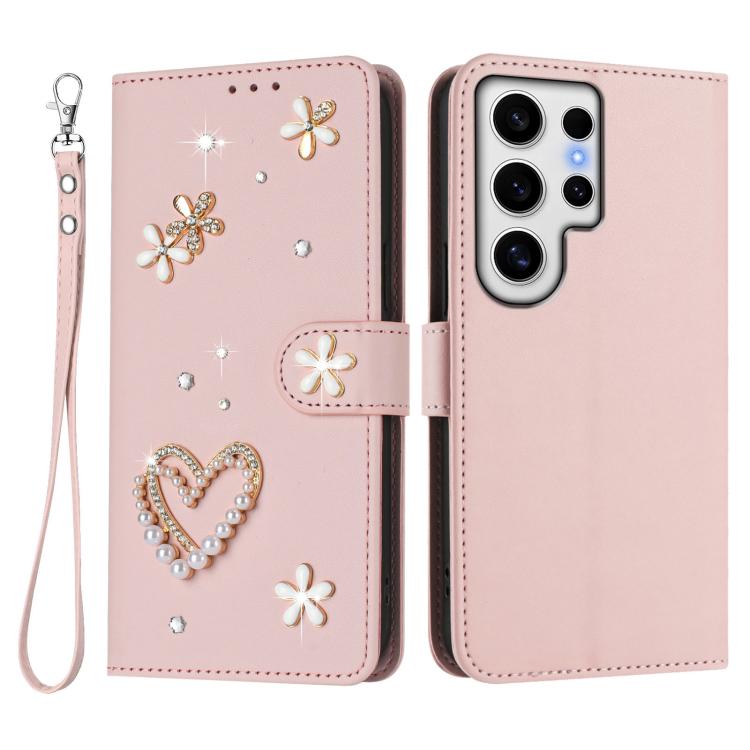 For Samsung Galaxy S24 Ultra 5G ZS01 Double-Layer Heart Floral Vegan Leather Phone Case with Wrist Strap