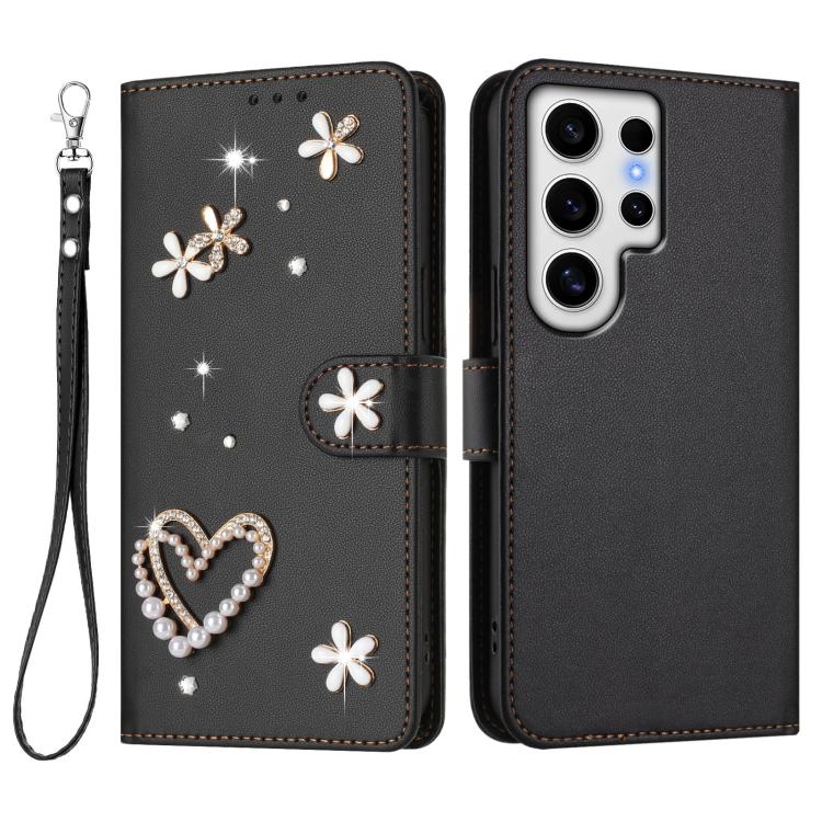For Samsung Galaxy S24 Ultra 5G ZS01 Double-Layer Heart Floral Vegan Leather Phone Case with Wrist Strap
