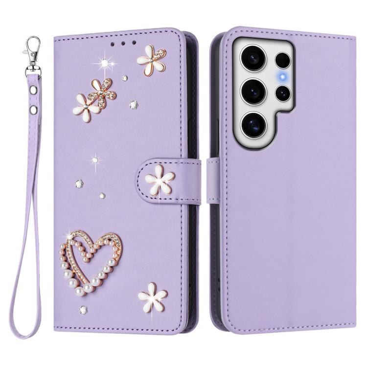 For Samsung Galaxy S24 Ultra 5G ZS01 Double-Layer Heart Floral Vegan Leather Phone Case with Wrist Strap