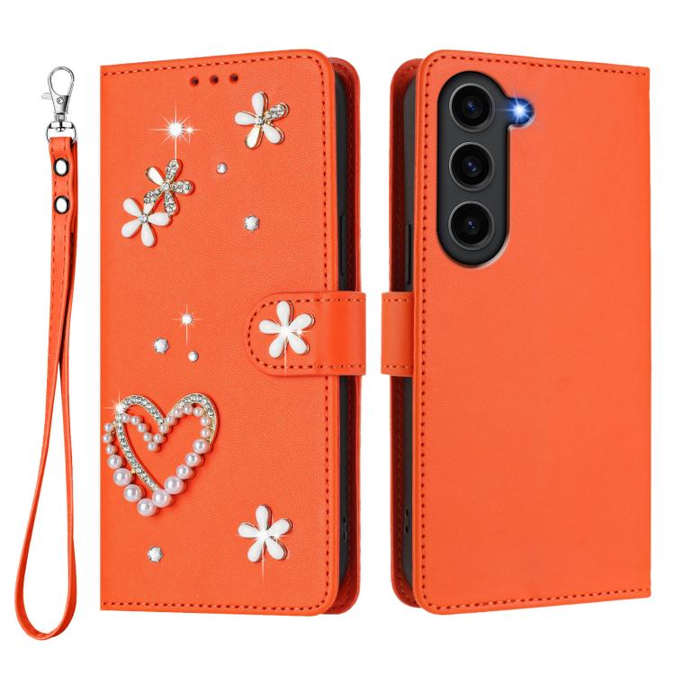 For Samsung Galaxy S23 FE 5G ZS01 Double-Layer Heart Floral Vegan Leather Phone Case with Wrist Strap