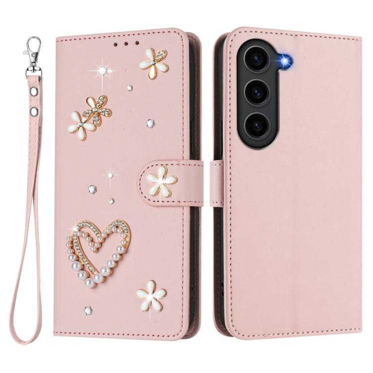 For Samsung Galaxy S23 FE 5G ZS01 Double-Layer Heart Floral Vegan Leather Phone Case with Wrist Strap