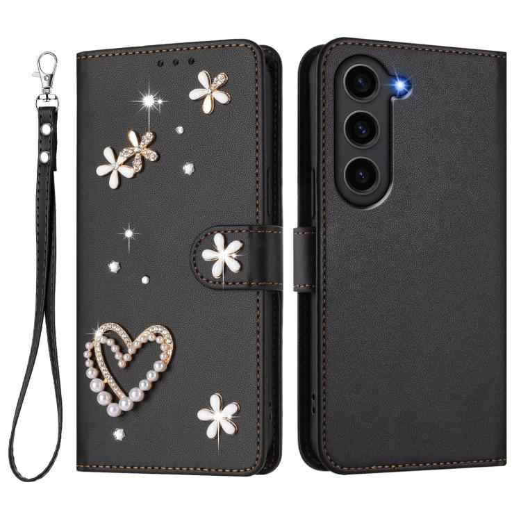 For Samsung Galaxy S23 FE 5G ZS01 Double-Layer Heart Floral Vegan Leather Phone Case with Wrist Strap