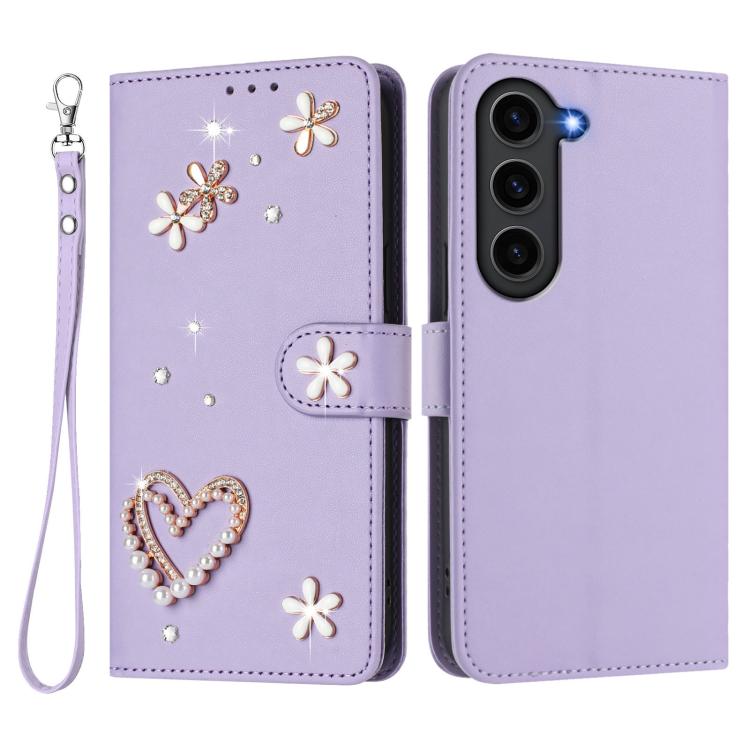 For Samsung Galaxy S23 FE 5G ZS01 Double-Layer Heart Floral Vegan Leather Phone Case with Wrist Strap