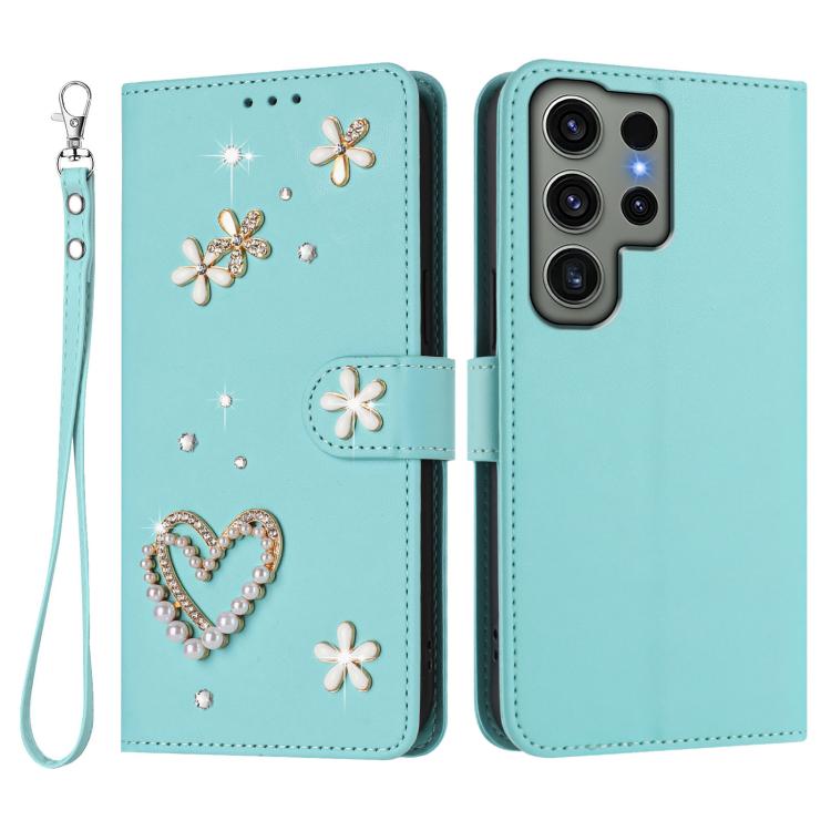 For Samsung Galaxy S23 Ultra 5G ZS01 Double-Layer Heart Floral Vegan Leather Phone Case with Wrist Strap