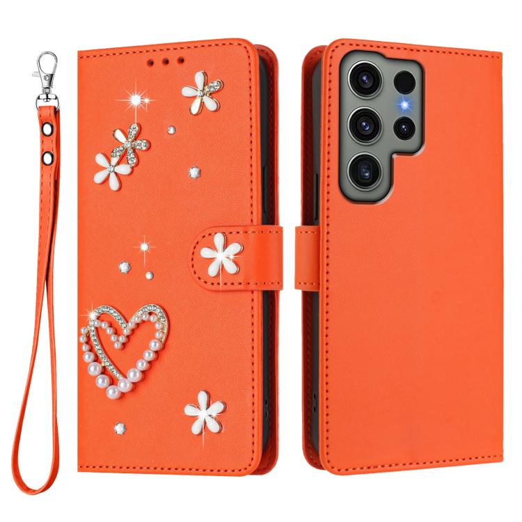 For Samsung Galaxy S23 Ultra 5G ZS01 Double-Layer Heart Floral Vegan Leather Phone Case with Wrist Strap