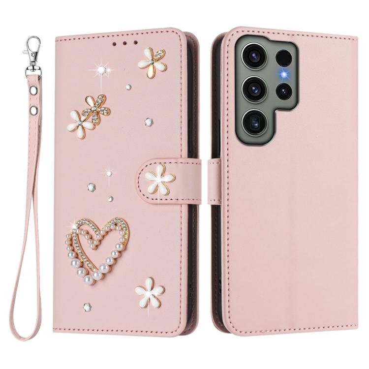 For Samsung Galaxy S23 Ultra 5G ZS01 Double-Layer Heart Floral Vegan Leather Phone Case with Wrist Strap