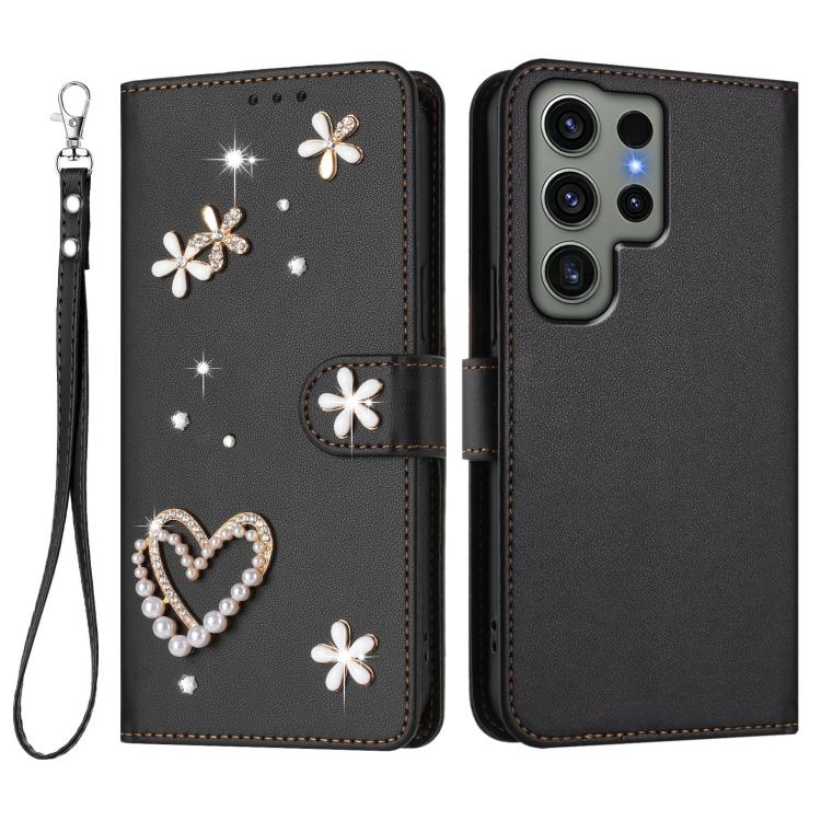 For Samsung Galaxy S23 Ultra 5G ZS01 Double-Layer Heart Floral Vegan Leather Phone Case with Wrist Strap