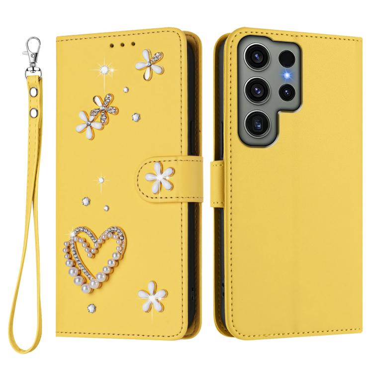 For Samsung Galaxy S23 Ultra 5G ZS01 Double-Layer Heart Floral Vegan Leather Phone Case with Wrist Strap