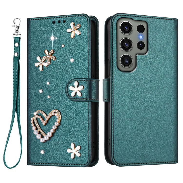 For Samsung Galaxy S23 Ultra 5G ZS01 Double-Layer Heart Floral Vegan Leather Phone Case with Wrist Strap