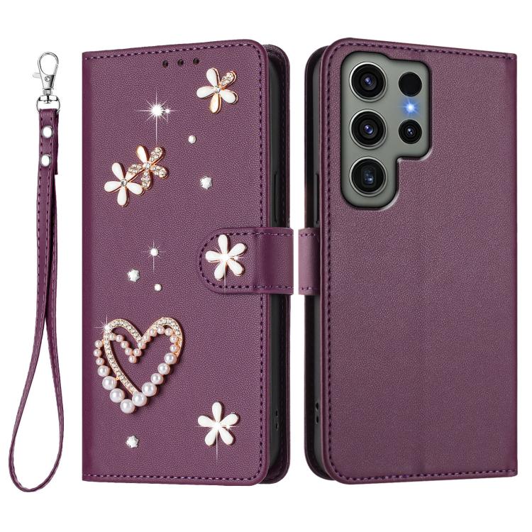 For Samsung Galaxy S23 Ultra 5G ZS01 Double-Layer Heart Floral Vegan Leather Phone Case with Wrist Strap