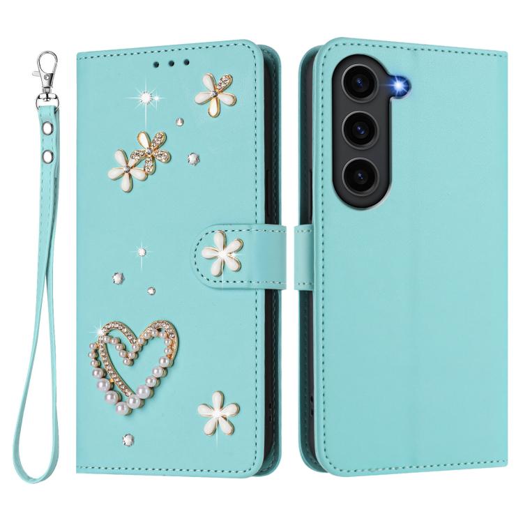 For Samsung Galaxy S23 5G ZS01 Double-Layer Heart Floral Vegan Leather Phone Case with Wrist Strap