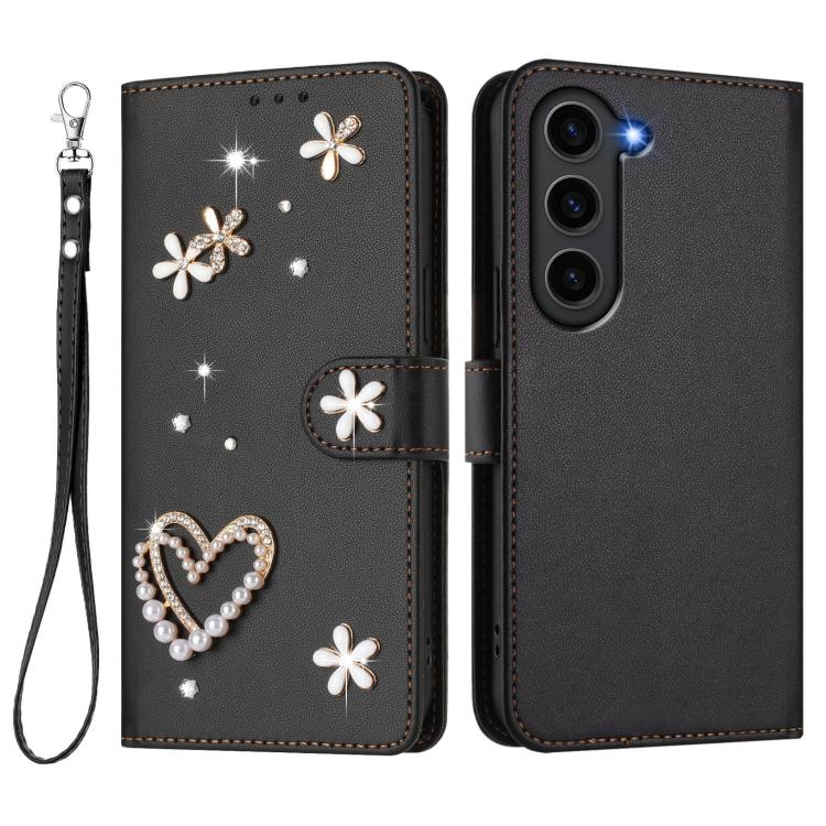 For Samsung Galaxy S23 5G ZS01 Double-Layer Heart Floral Vegan Leather Phone Case with Wrist Strap