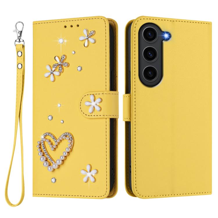 For Samsung Galaxy S23 5G ZS01 Double-Layer Heart Floral Vegan Leather Phone Case with Wrist Strap