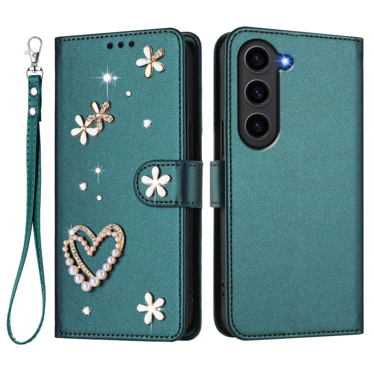 For Samsung Galaxy S23 5G ZS01 Double-Layer Heart Floral Vegan Leather Phone Case with Wrist Strap