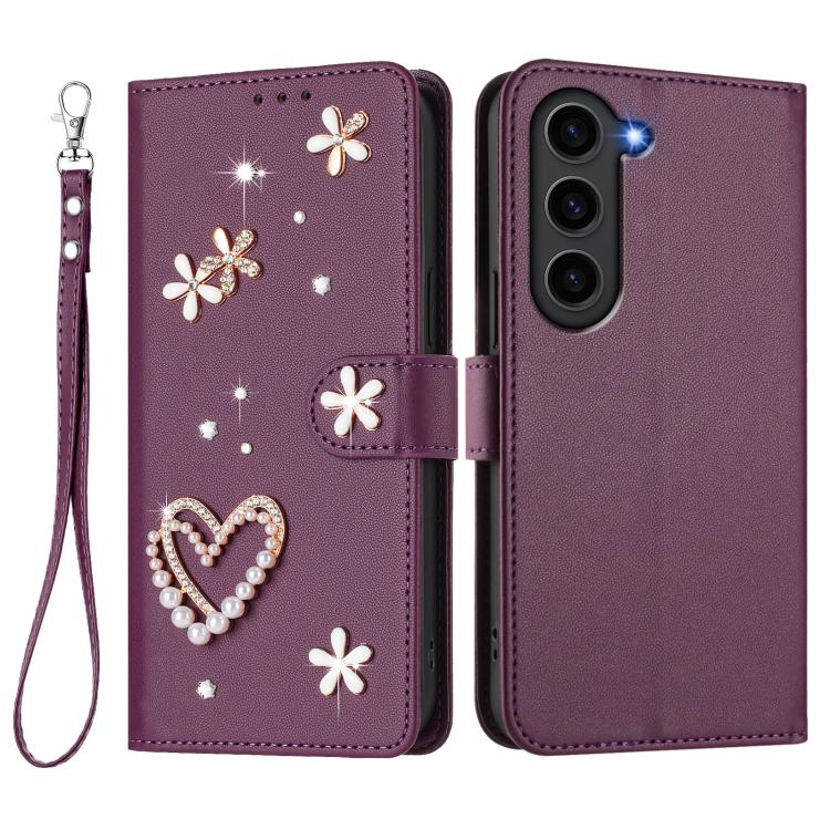 For Samsung Galaxy S23 5G ZS01 Double-Layer Heart Floral Vegan Leather Phone Case with Wrist Strap