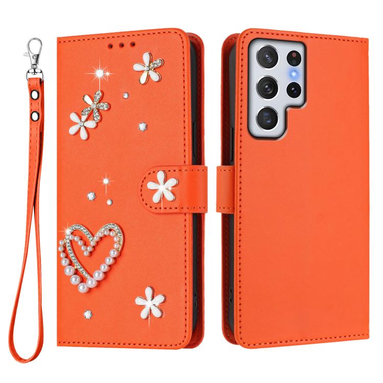 For Samsung Galaxy S22 Ultra 5G ZS01 Double-Layer Heart Floral Vegan Leather Phone Case with Wrist Strap