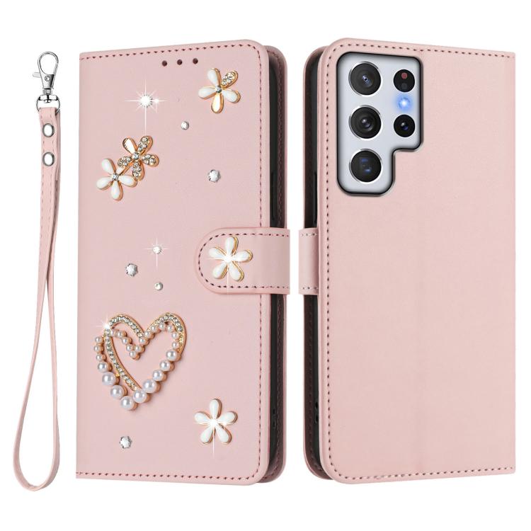 For Samsung Galaxy S22 Ultra 5G ZS01 Double-Layer Heart Floral Vegan Leather Phone Case with Wrist Strap