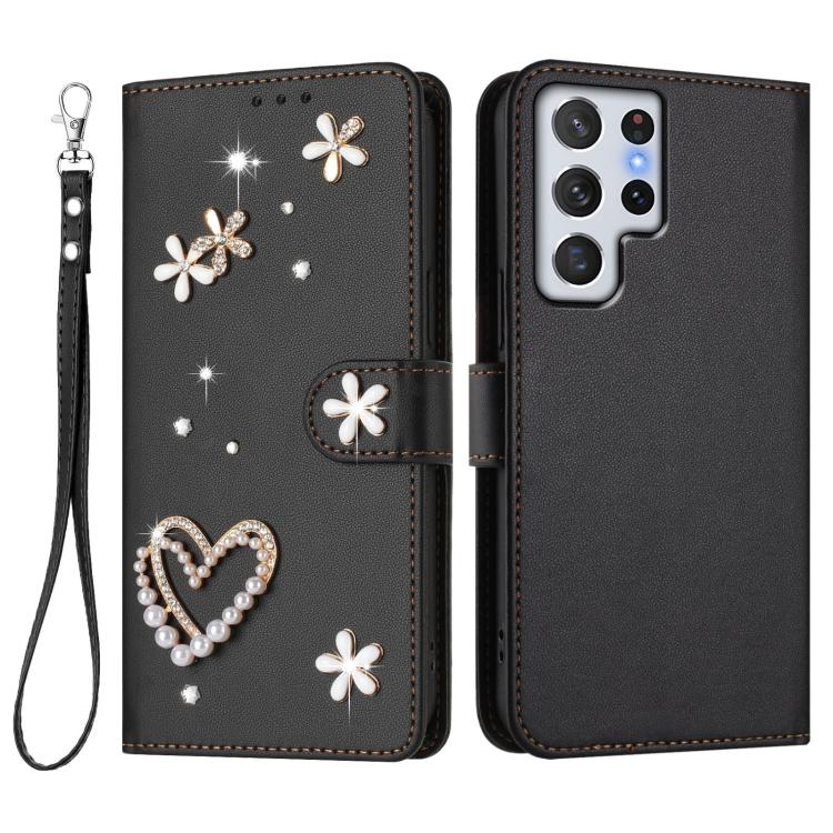 For Samsung Galaxy S22 Ultra 5G ZS01 Double-Layer Heart Floral Vegan Leather Phone Case with Wrist Strap