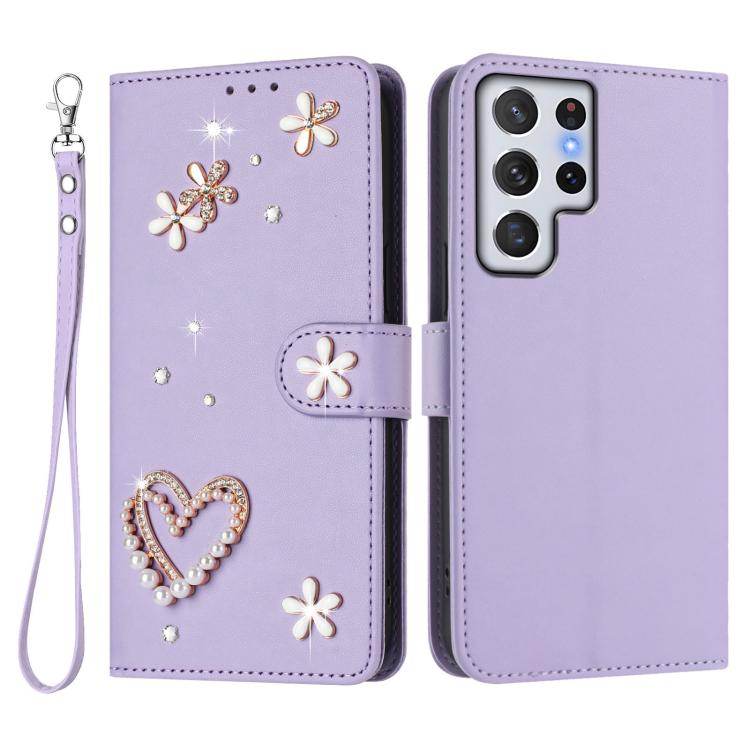 For Samsung Galaxy S22 Ultra 5G ZS01 Double-Layer Heart Floral Vegan Leather Phone Case with Wrist Strap