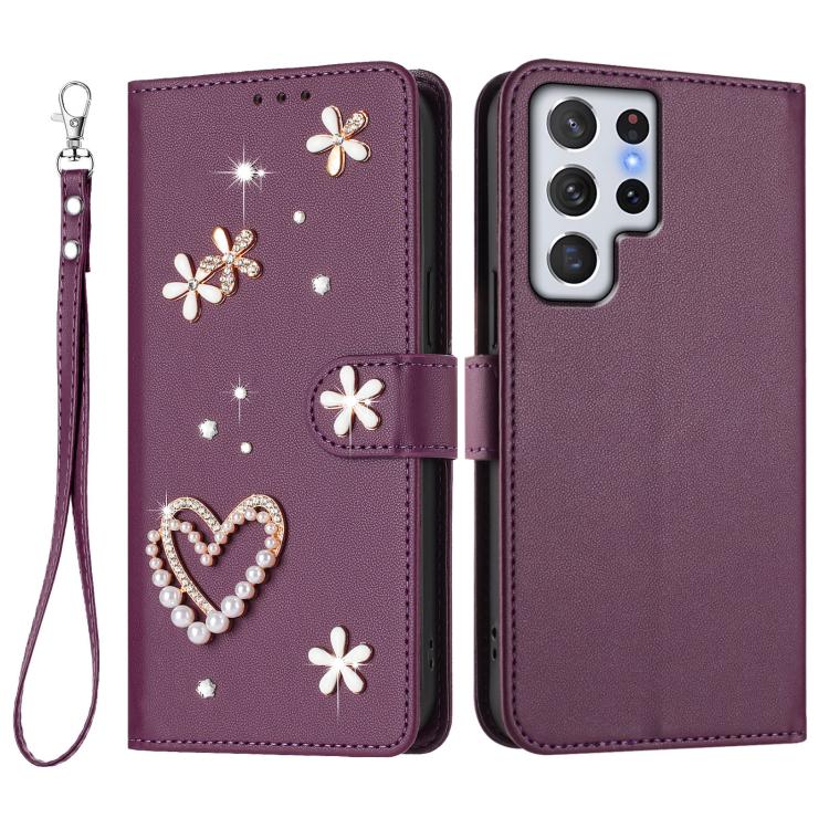 For Samsung Galaxy S22 Ultra 5G ZS01 Double-Layer Heart Floral Vegan Leather Phone Case with Wrist Strap