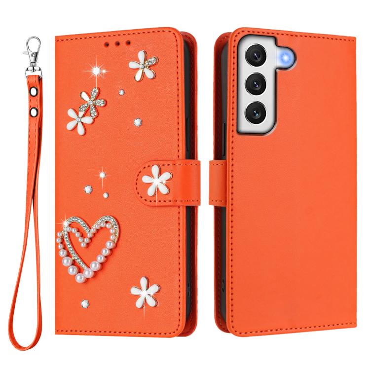For Samsung Galaxy S22+ 5G ZS01 Double-Layer Heart Floral Vegan Leather Phone Case with Wrist Strap