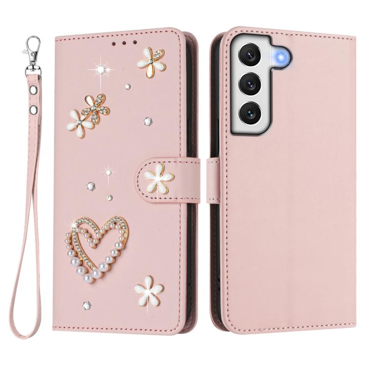 For Samsung Galaxy S22+ 5G ZS01 Double-Layer Heart Floral Vegan Leather Phone Case with Wrist Strap