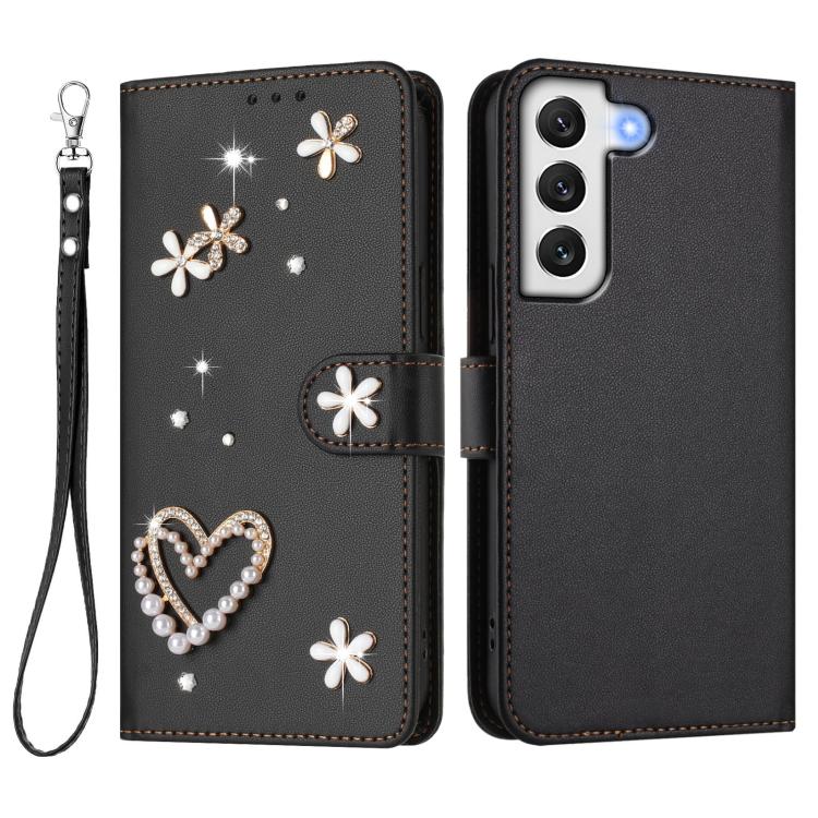 For Samsung Galaxy S22+ 5G ZS01 Double-Layer Heart Floral Vegan Leather Phone Case with Wrist Strap
