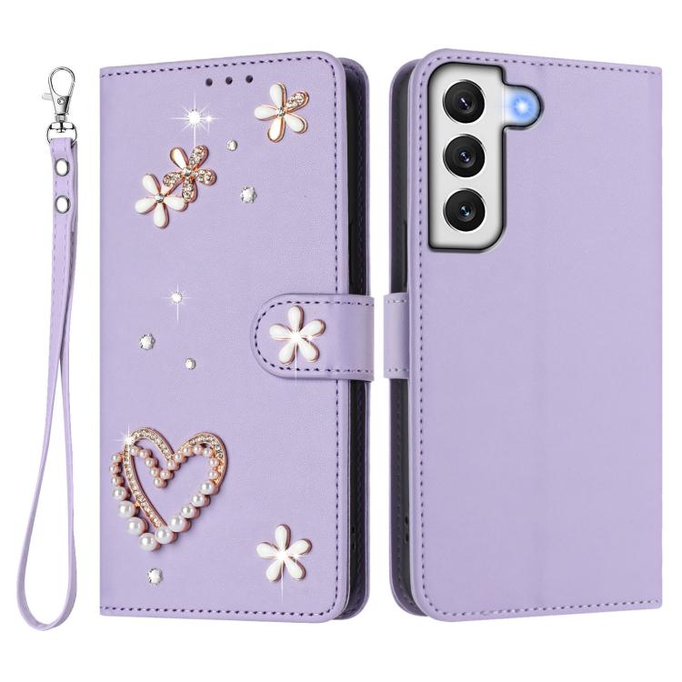 For Samsung Galaxy S22+ 5G ZS01 Double-Layer Heart Floral Vegan Leather Phone Case with Wrist Strap