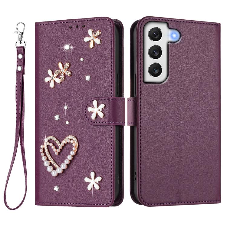 For Samsung Galaxy S22+ 5G ZS01 Double-Layer Heart Floral Vegan Leather Phone Case with Wrist Strap