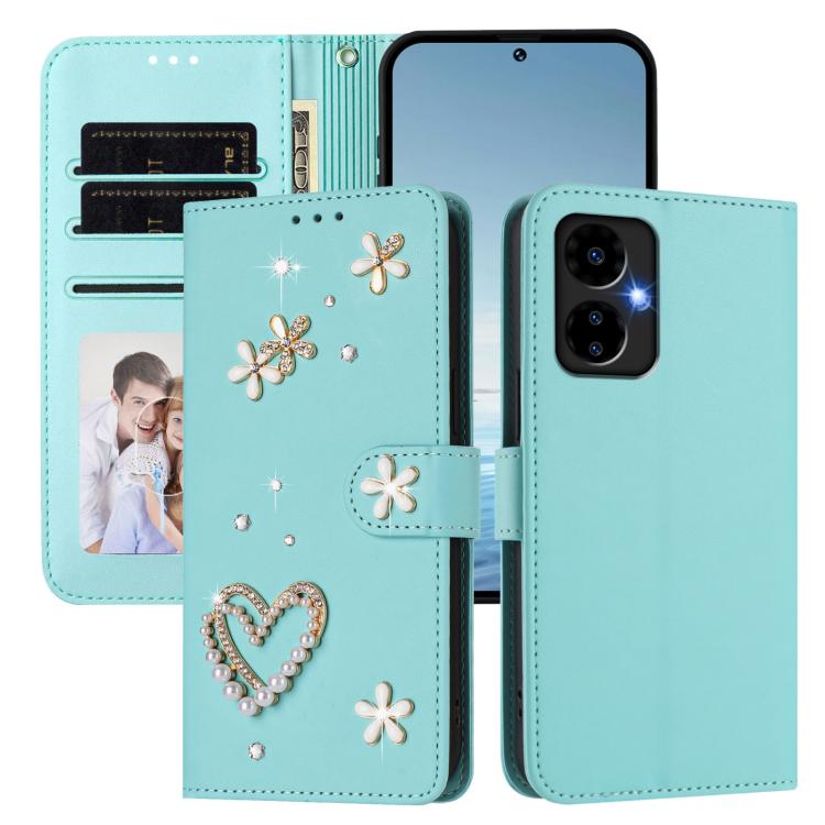 For Boost MobIle Celero 5G 2024 ZS01 Double-Layer Heart Floral Vegan Leather Phone Case with Wrist Strap