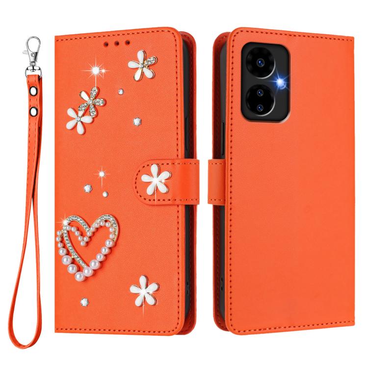 For Boost MobIle Celero 5G 2024 ZS01 Double-Layer Heart Floral Vegan Leather Phone Case with Wrist Strap