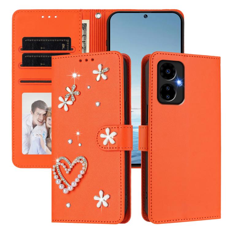 For Boost MobIle Celero 5G 2024 ZS01 Double-Layer Heart Floral Vegan Leather Phone Case with Wrist Strap