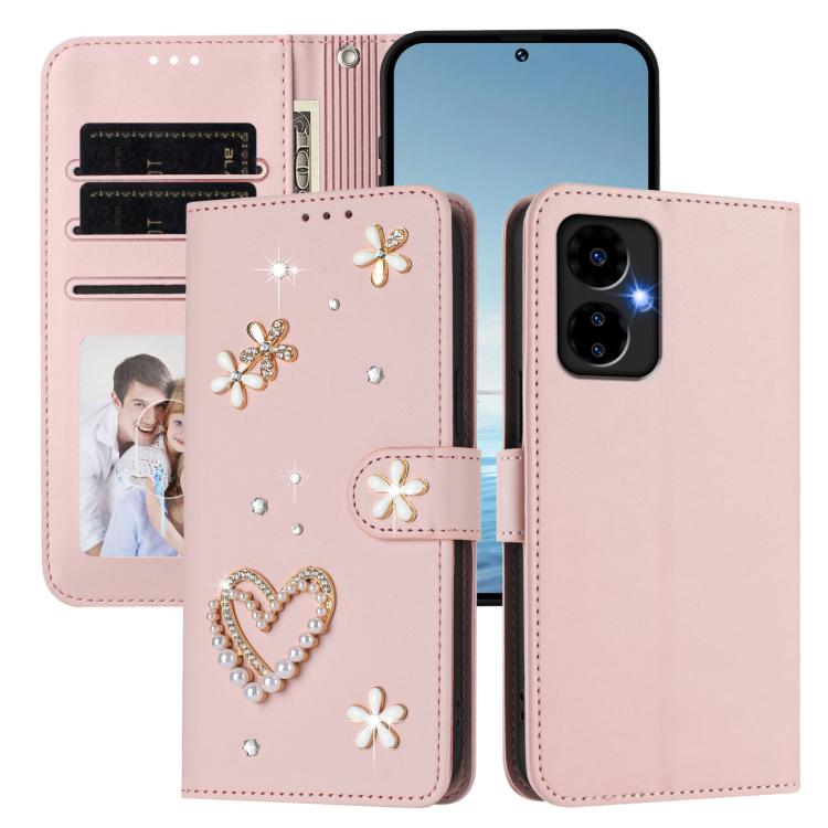 For Boost MobIle Celero 5G 2024 ZS01 Double-Layer Heart Floral Vegan Leather Phone Case with Wrist Strap