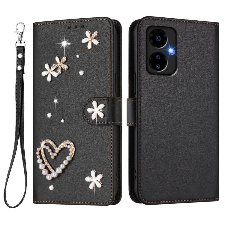 For Boost MobIle Celero 5G 2024 ZS01 Double-Layer Heart Floral Vegan Leather Phone Case with Wrist Strap