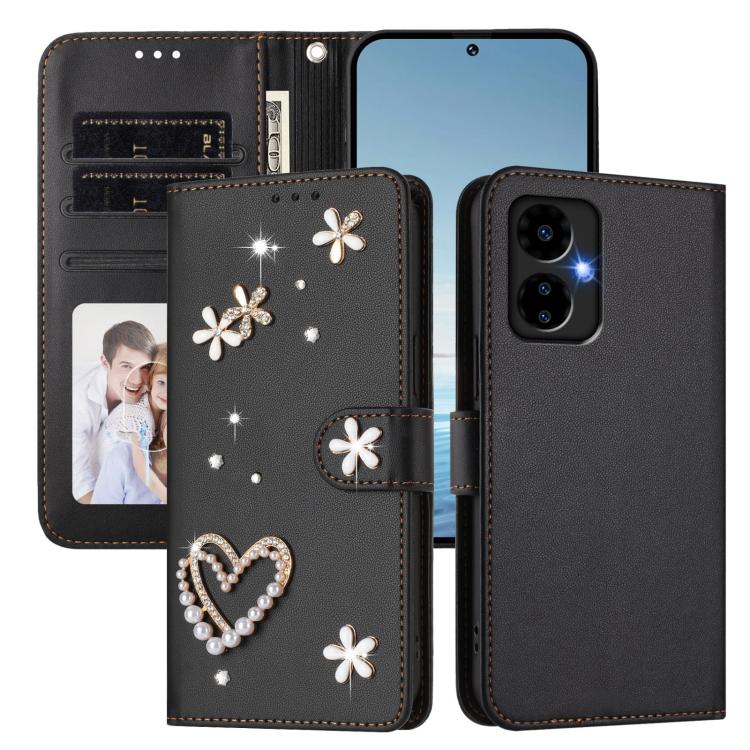 For Boost MobIle Celero 5G 2024 ZS01 Double-Layer Heart Floral Vegan Leather Phone Case with Wrist Strap