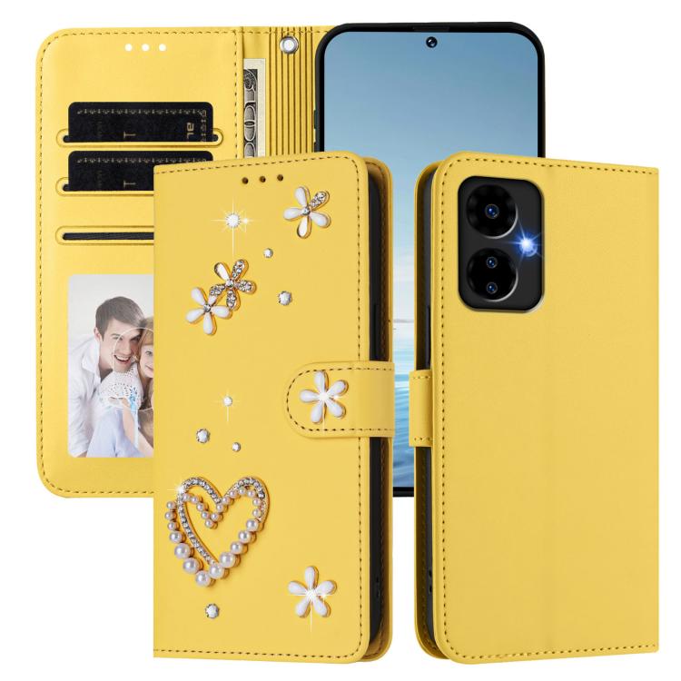 For Boost MobIle Celero 5G 2024 ZS01 Double-Layer Heart Floral Vegan Leather Phone Case with Wrist Strap