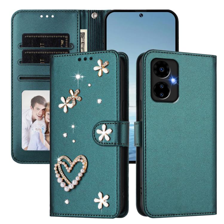 For Boost MobIle Celero 5G 2024 ZS01 Double-Layer Heart Floral Vegan Leather Phone Case with Wrist Strap