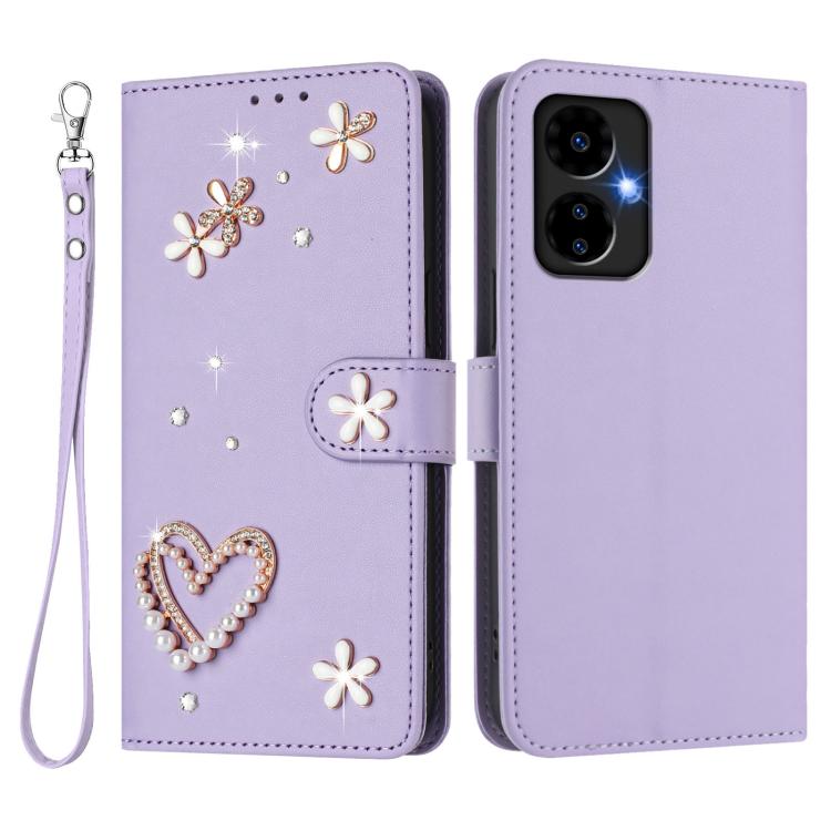 For Boost MobIle Celero 5G 2024 ZS01 Double-Layer Heart Floral Vegan Leather Phone Case with Wrist Strap