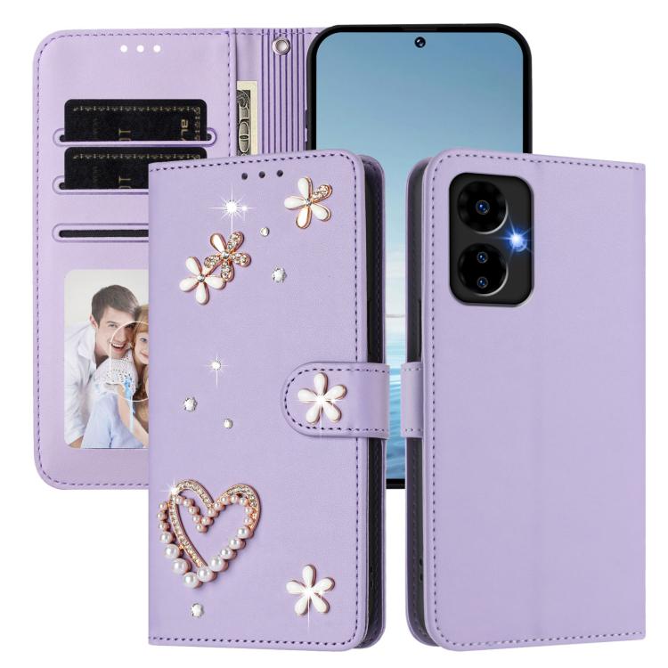 For Boost MobIle Celero 5G 2024 ZS01 Double-Layer Heart Floral Vegan Leather Phone Case with Wrist Strap