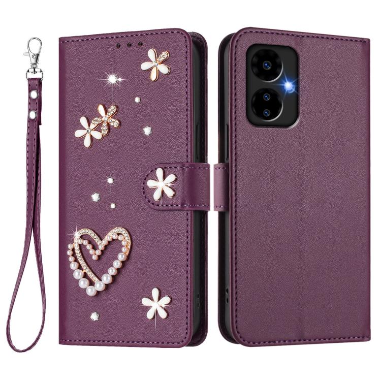 For Boost MobIle Celero 5G 2024 ZS01 Double-Layer Heart Floral Vegan Leather Phone Case with Wrist Strap
