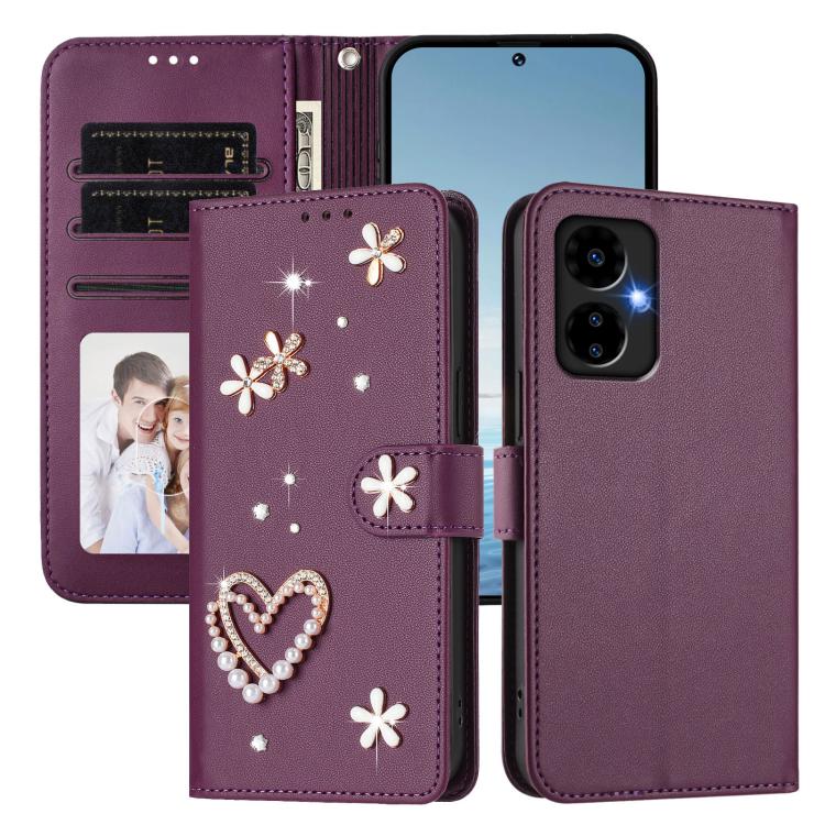 For Boost MobIle Celero 5G 2024 ZS01 Double-Layer Heart Floral Vegan Leather Phone Case with Wrist Strap