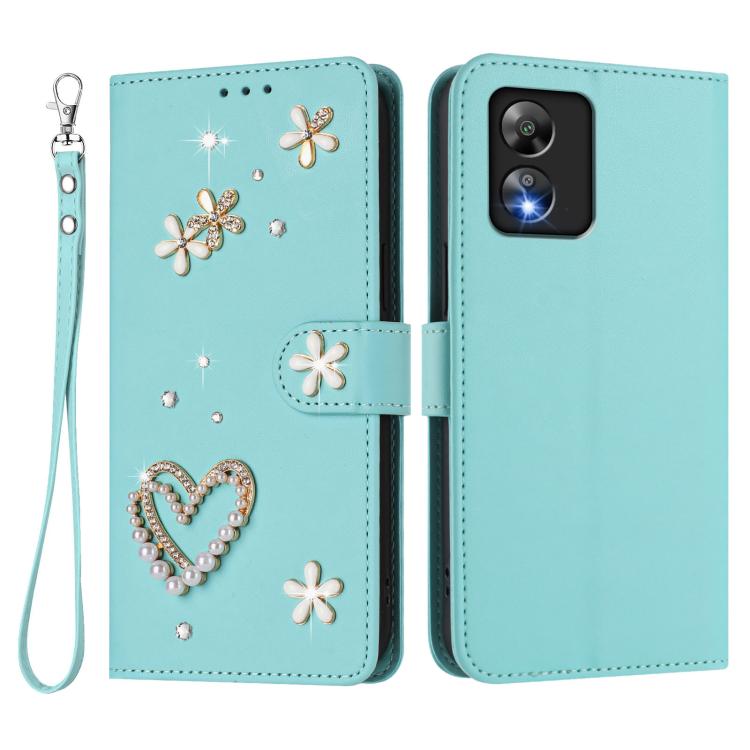 For Boost MobIle Celero 5G SC SN339D ZS01 Double-Layer Heart Floral Vegan Leather Phone Case with Wrist Strap