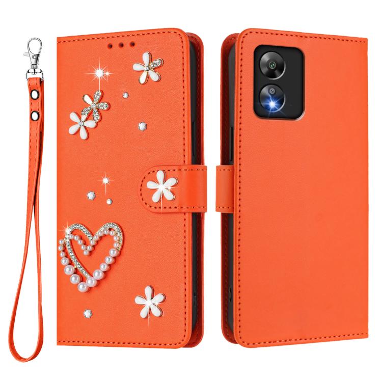 For Boost MobIle Celero 5G SC SN339D ZS01 Double-Layer Heart Floral Vegan Leather Phone Case with Wrist Strap