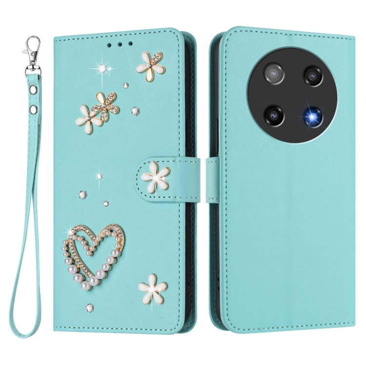 For Coolpad C16 ZS01 Double-Layer Heart Floral Vegan Leather Phone Case with Wrist Strap